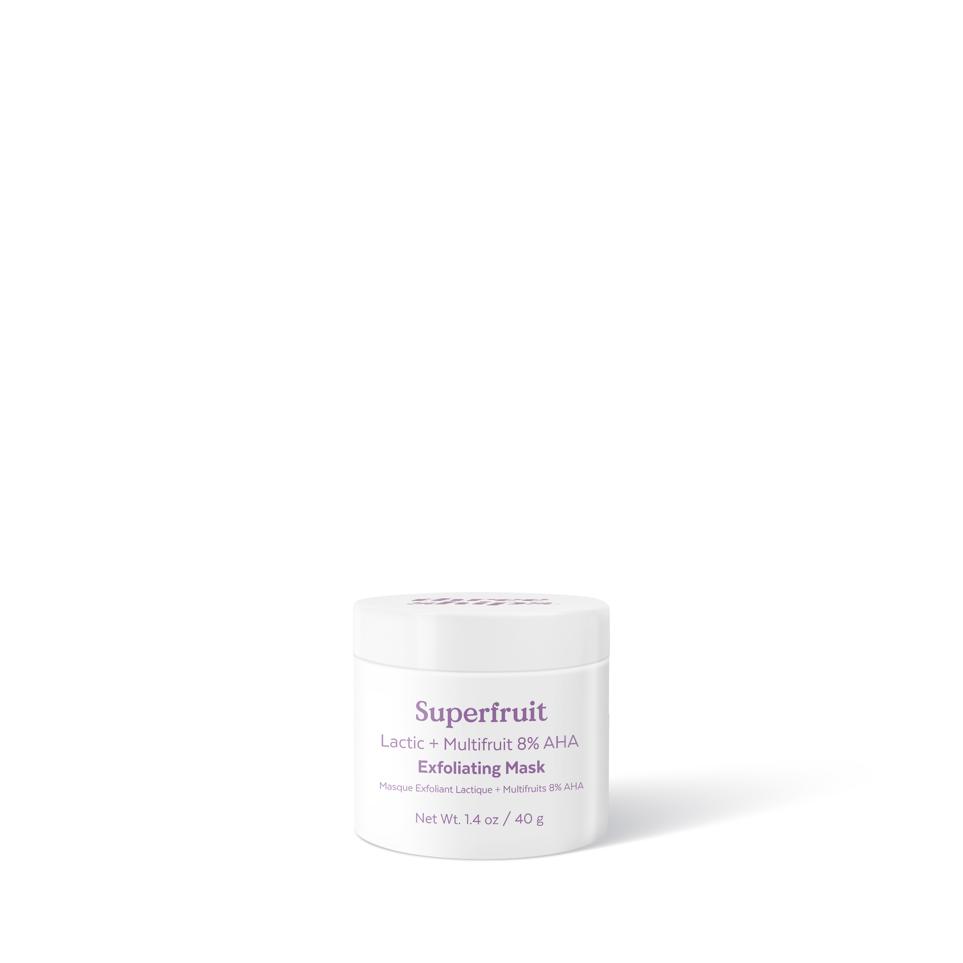 White jar with purple lettering against a white background. Three Ships Superfruit Exfoliating mask sold at Juniper Skincare in Edina, MN.