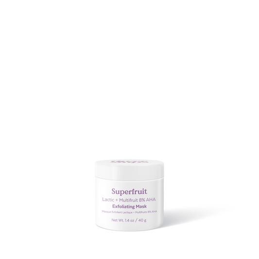 White jar with purple lettering against a white background. Three Ships Superfruit Exfoliating mask sold at Juniper Skincare in Edina, MN.
